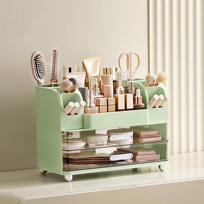 HBlife Makeup Organizer for Vanity with Brush Holder, Large Bathroom Countertop Cosmetic Organizer Skin Care Storage, Easy to