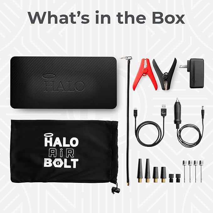 HALO Bolt Air 58830 Portable Car Battery Jump Starter | 100 PSI Air Compressor, 58.8Wh USB Power Bank, Emergency Floodlight