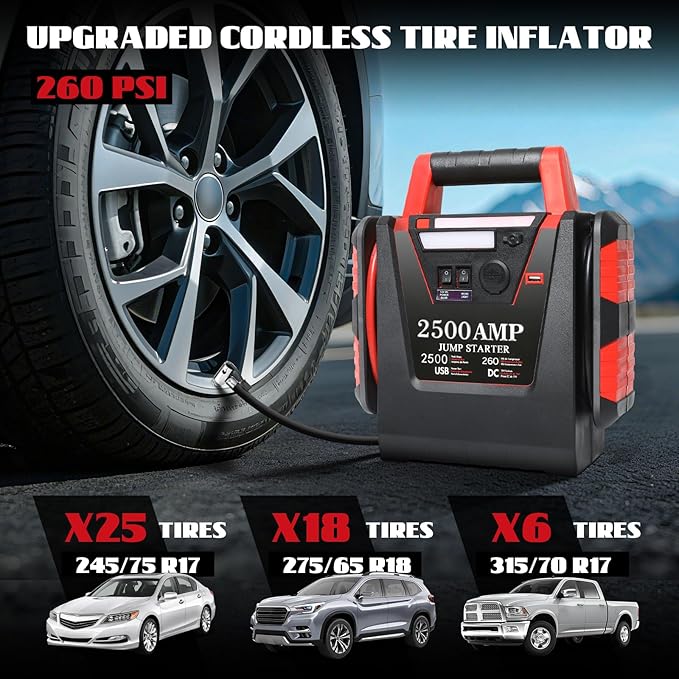 Jump Starter with Air Compressor,2500A Car Battery Jumper Starter 260 PSI Tire Inflator,6 in 1 Auto Lead-Acid Battery