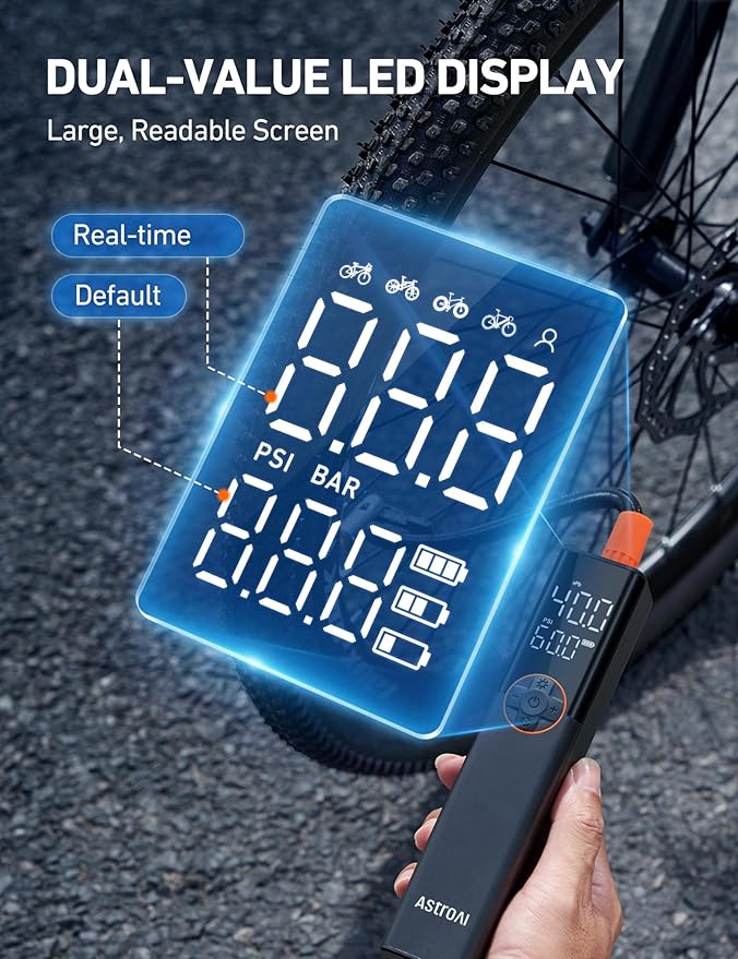 AstroAI L8 Electric Bike Pump, Portable Bicycle Tire Inflator with Pressure Gauge and Auto Shut-Off, 150 PSI Powerful Motor Mini Air Pump for Road, Mountain & E-Bike with Presta and Schrader Valves