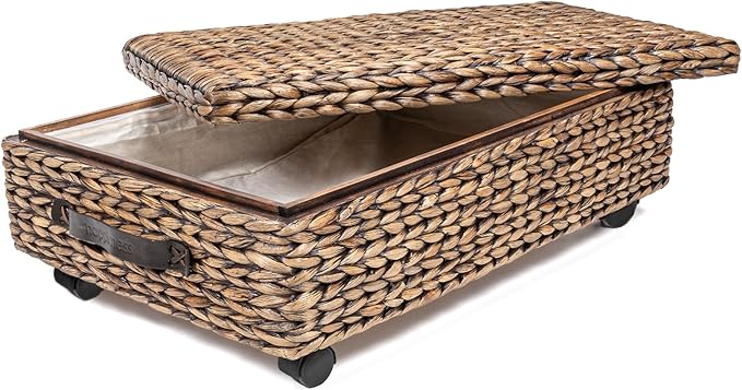 happimess BSK1006B 26.38" Chett Minimalist Hand-Woven Hyacinth/Wood Underbed Storage Bin with Wheels and Handles for Storage 
