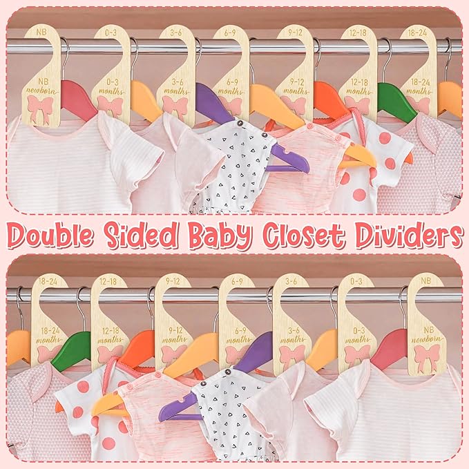 R HORSE Wooden Baby Closet Dividers - 8Pcs 3D Coquette Pink Bow Baby Closet Organizer Double-Sided Newborn Clothes Size Hange
