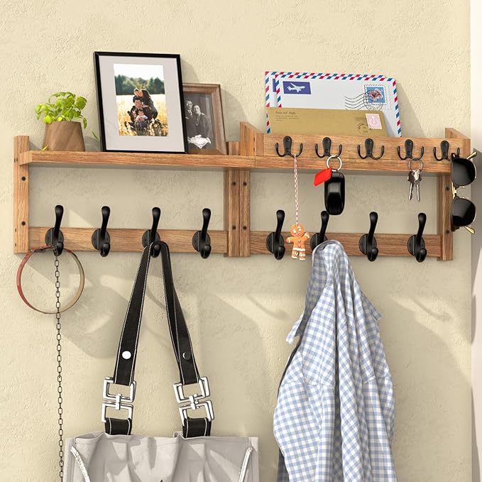 35'' Brown Coat Rack Wall Mount with Shelf, Solid Wood Coat and Key Hanger with 13 Metal Hooks, Farmhouse Wall Organizer for 