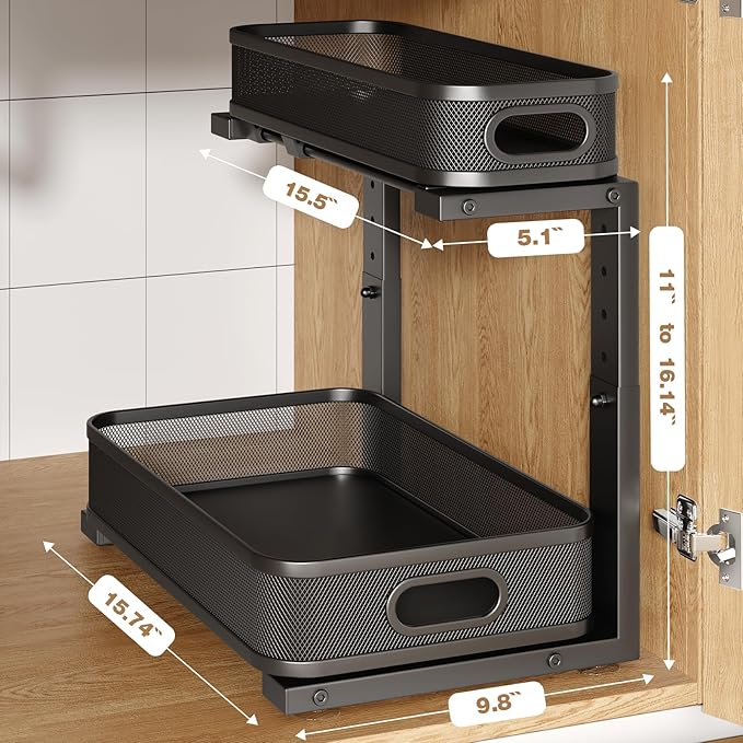 2 Pack 15.7IN-Depth Under Sink Organizer With Smooth Cylindrical Rail,2-Tier Pull Out Multi-Purpose Cabinet Storage for Bathr