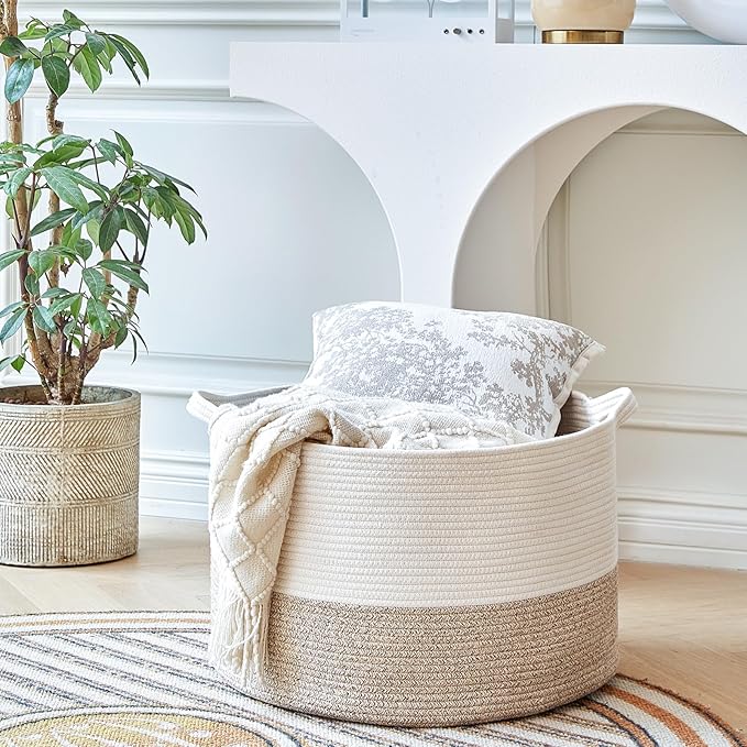 R RUNKA Extra Large Cotton Rope Basket 22" x 14" - Toy Basket for Kids -Blanket Basket for Living Room - Woven Baskets for St