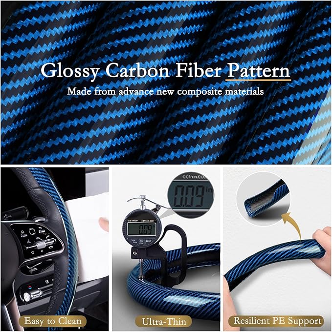 Aimato Car Steering Wheel Cover Carbon Fiber, Ultra-Thin Car Steering Wheel Cover,Comfortable & Breathable Microfiber,Universal Fit for Most Cars, Bright Blue