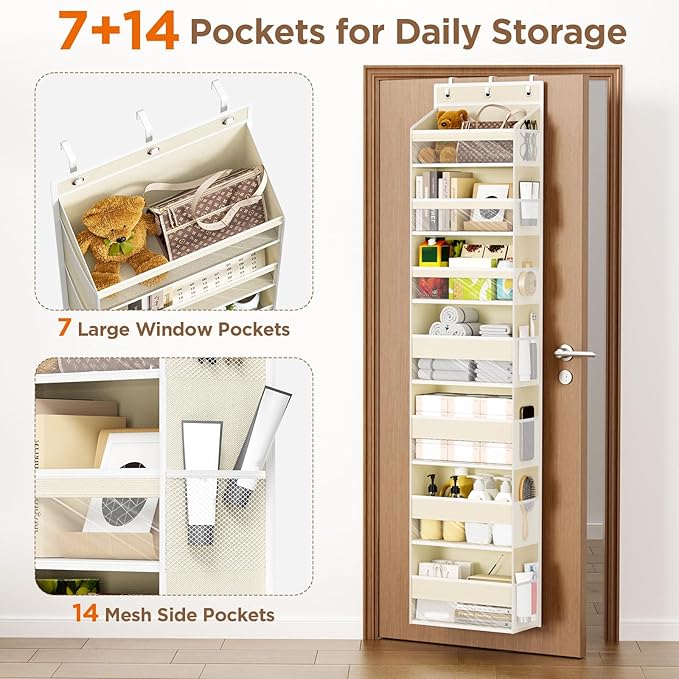 Mefirt Over The Door Organizer, 7 Tier Door Hanging Organizers with 7 Large Pockets 12 Side Pockets, Behind Door Storage Hang