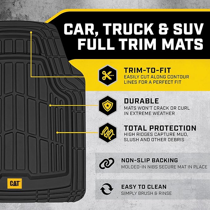 CAT® ToughRide™ Heavy-Duty 4 Piece Black Floor Mats for Cars - Trim to Fit All-Weather Rubber Car Mats Full Set - Truck Mats & Cars Floor Mats - Interior Accessories for SUVs & Car Rug Protection