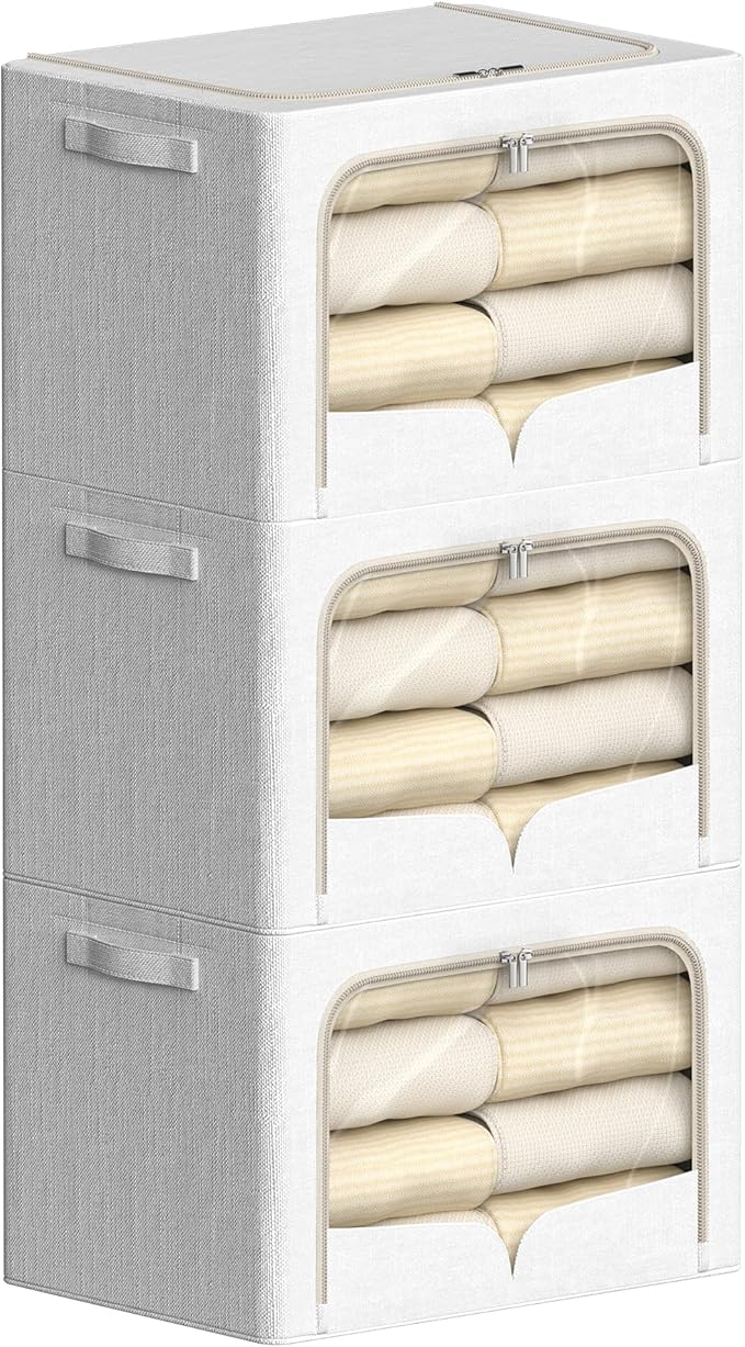 FHSQX 3 Pack Clothes Storage Bins - Foldable Metal Frame Storage Box - Stackable Linen Fabric Container Organizer Set with Ca