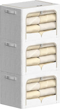 FHSQX 3 Pack Clothes Storage Bins - Foldable Metal Frame Storage Box - Stackable Linen Fabric Container Organizer Set with Ca