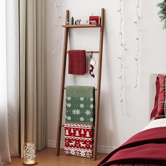 63" Bamboo Blanket Ladder with Shelf and 5 Hooks, 4 Tier Leaning Blanket Rack, Farmhouse Towel Ladder Rack, Decorative Quilt 