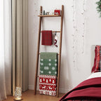 63" Bamboo Blanket Ladder with Shelf and 5 Hooks, 4 Tier Leaning Blanket Rack, Farmhouse Towel Ladder Rack, Decorative Quilt 