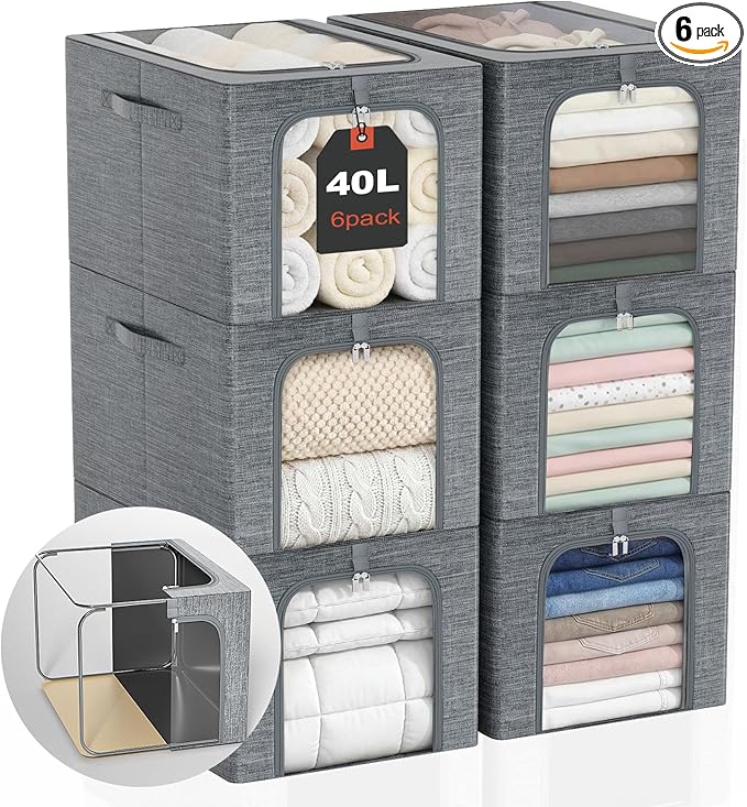 GoMaihe Clothes Storage Bin with Metal Frame: 6-Pack Stackable Closet Storage Bin with Lid & Clear Window, Sweater Boxes Stor