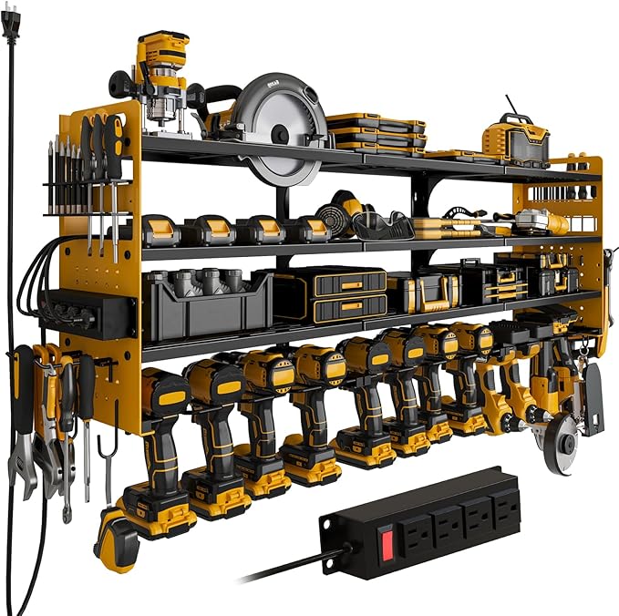 12 Cordless Drill Holder Large Power Tool Organizer Wall Mount with Side Pegboard & Screwdriver Holder, 4-Tier Heavy Duty Met