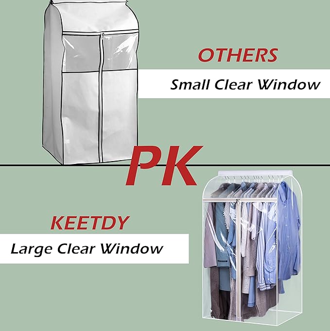 KEETDY 43" Hanging Garment Bags for Closet Storage Large Clear Window Hanging Clothes Storage Garment Rack Cover Coat Protect
