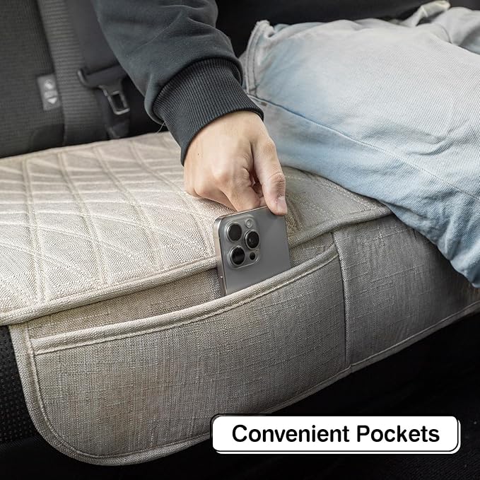 Universal Auto Faux Linen Back Car Seat Cover Beige - Breathable Rear Seat Protector with Non-Slip Bottom Size M - Diamond St