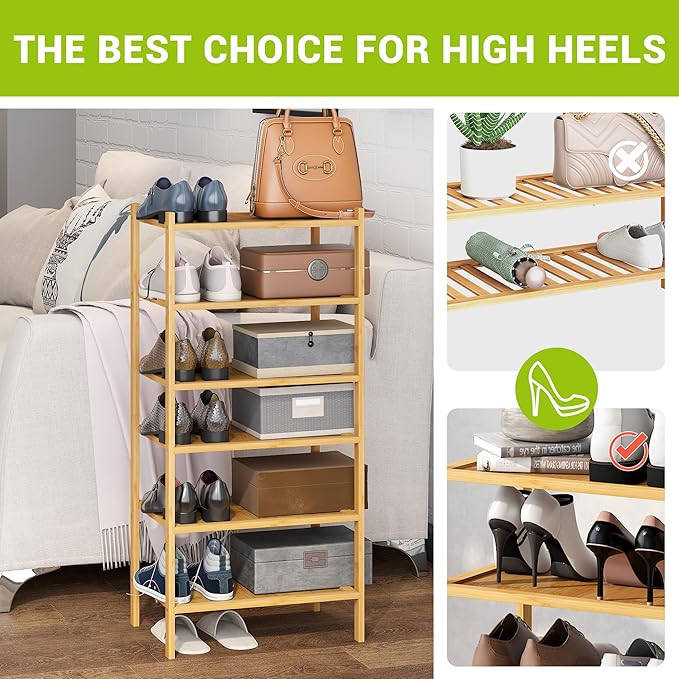 BMOSU 6-Tier Bamboo Small Shoe Rack Premium Stackable Shoe Shelf Storage Organizer for Hallway Closet Living Room Entryway Or
