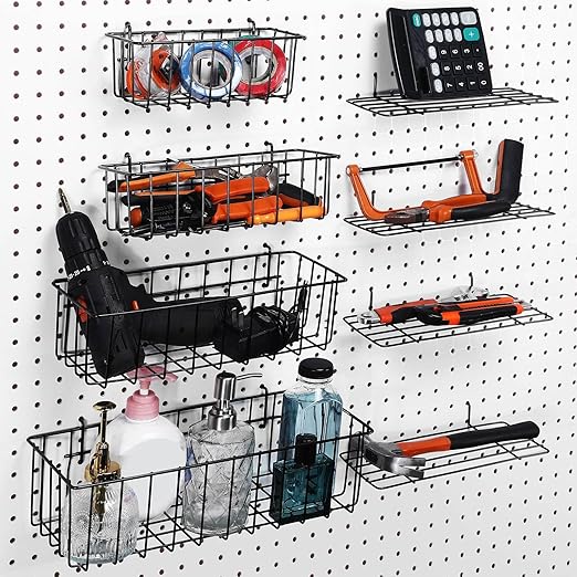 Tioncy 8 Pieces Pegboard Baskets and Shelves Pegboard Bins Wall Organizer Peg Board Racks Wire for Organizing Various Tools A