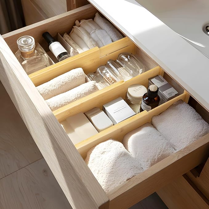 VaeFae 3 Pack Bamboo Drawer Dividers, 4" High Adjustable 16.6" - 21.8" Clothes Drawer Organizers, Expandable Separators for B