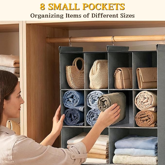 Ofiray-home 3 Tier Hanging Closet Organizer, 10 Compartments Sweater Organizer for Closet with 3 Sturdy Hooks, Closet Organiz