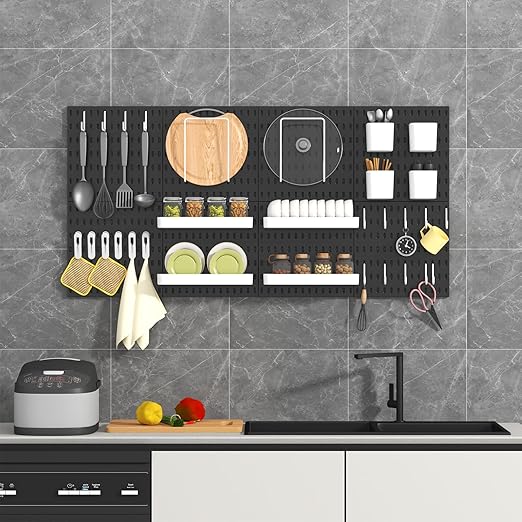 Pegboard Combination Kit, 8 Peg Boards and 30 Accessories Modular Hanging Black Pegboard for Wall, Office Organizer, Keys Hol