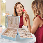 ProCase Jewelry Box for Women, 2 Layers Large Leather Jewelry Organizer Storage Case with Removable Pad for Earrings -Blue