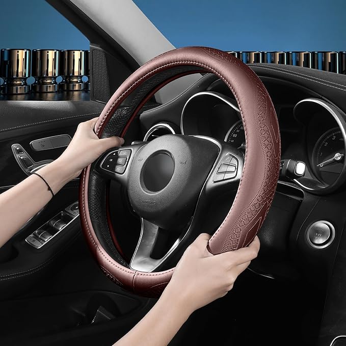 Red Rain Brown Steering Wheel Cover Universal Car Steering Wheel Cover 15inch Cowhide Wheel Cover for Car SUV Truck Size M (C-Brown-M)
