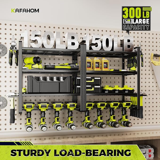 KAFAHOM Power Tool Organizer Wall Mount, 4-Tier Drill Holder for Cordless Tools, 2-Pack Set, Garage Storage Rack with Side Ho