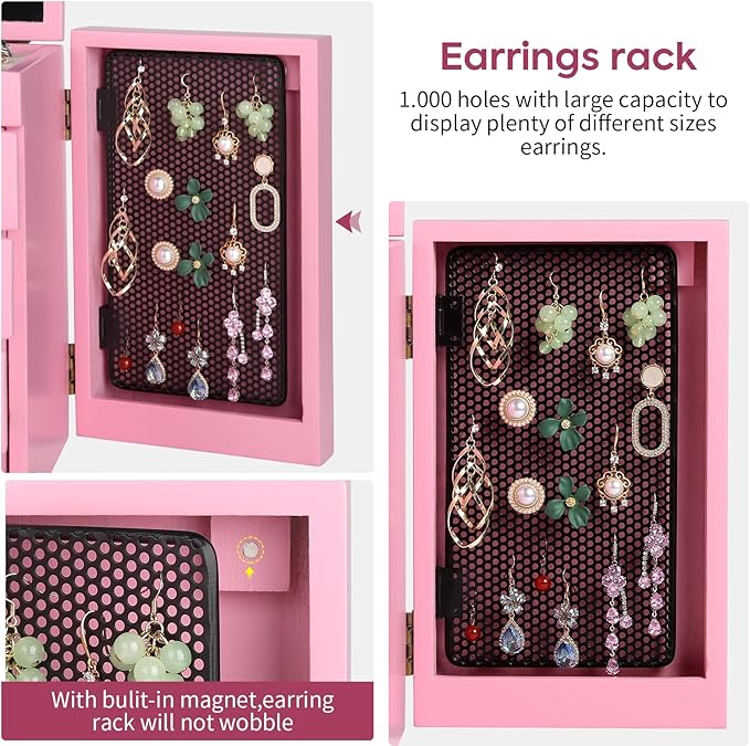 Meangood Jewelry Box Wood for Wowen, 5-Layer Large Organizer Box with Mirror & 4 Drawers for Rings, Earrings, Necklaces, Pink