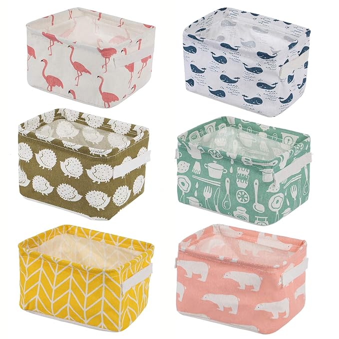 Foldable Storage Basket - Set of 6 Small Collapsible Canvas Containers Organizers with Handle for Home Decor or Storing Toys,