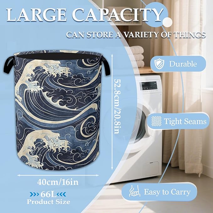 Vintage Sea Waves Large Storage Basket Collapsible Laundry Basket Oxford Storage Bin for Toy Bins Gift Baskets Bedroom Clothe