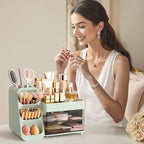 HBlife Makeup Organizer with Brush Holder for Vanity, Large Plastic Bathroom Countertop Organizer Skin Care Storage, Easy to 