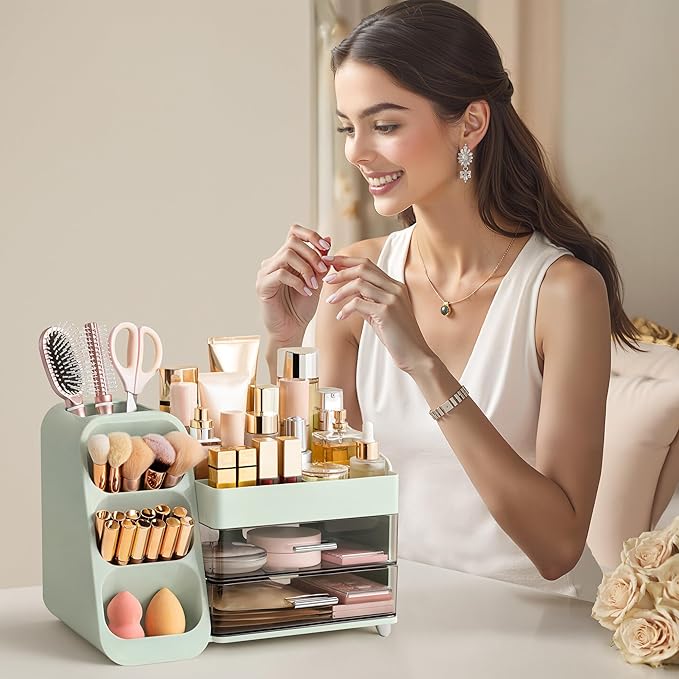 HBlife Makeup Organizer with Brush Holder for Vanity, Large Plastic Bathroom Countertop Organizer Skin Care Storage, Easy to 