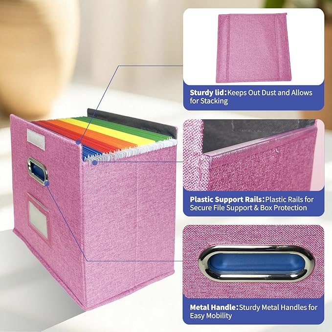 2 Pack Hanging File Folder Box with Lid, Durable Letter Size Filing Storage Box, Sturdy Magazine File Holder with Cardboard S