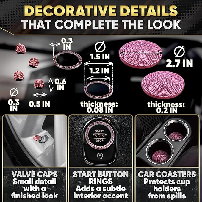 Pink Car Accessories Set, 27 Pieces – Bling Car Accessories for Interior Styling with Rhinestone Details for Daily Use, Universal Fit Kit for Steering Wheel, Vents, Mirror Area, Great Gift for Women