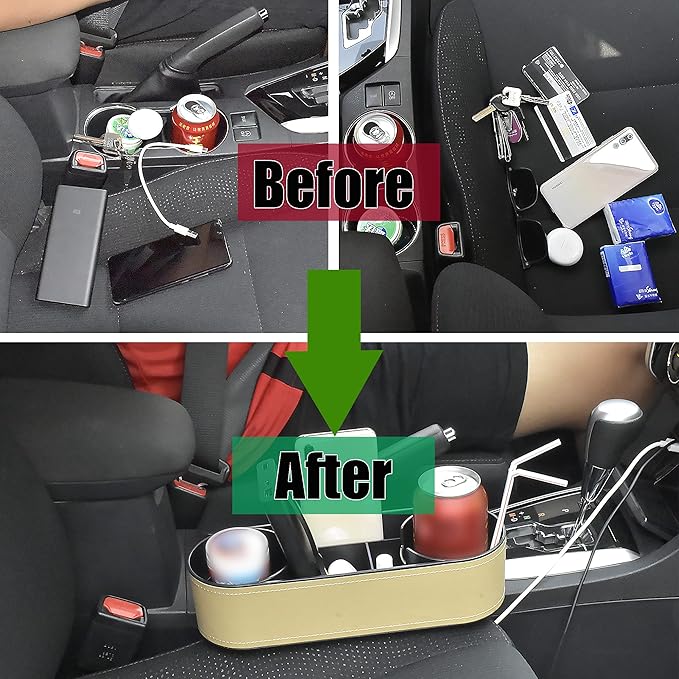 IOKONE Car Cup Holder, Auto Front Seat Organizer, Multifunctional Cup Drink Holders with PU Leather Cover, Gap Filler Storage Box Coin Bucket Console Side Pocket Cell Mobile Phone Holder(Slim-Beige)