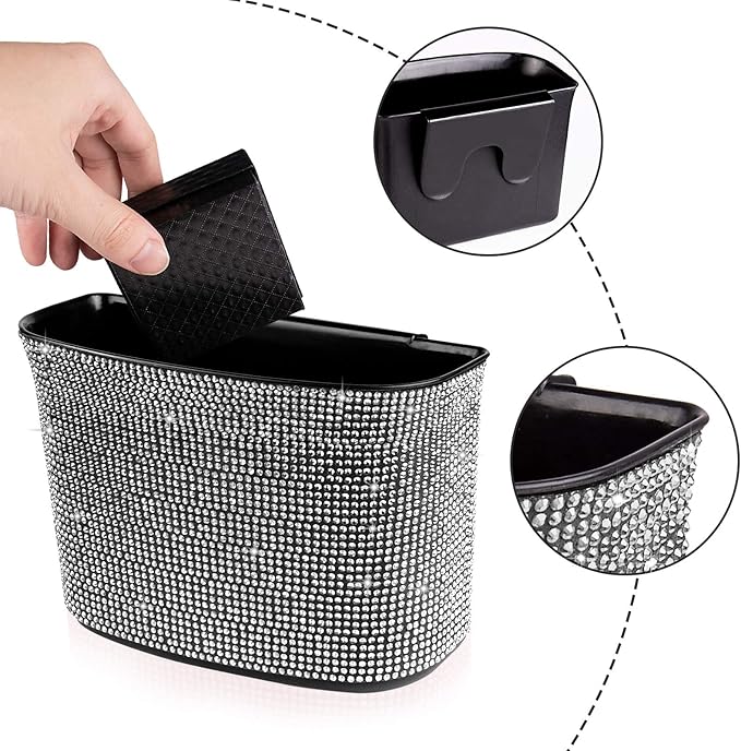 eing Car Trash Can Bling Crystal Auto Storage Pockets,100% Leak Proof Car Trash Container Bin Car Garbage Bag Hanging for Backside/Gearshift/Center Console,(1 - Pack, Pure White)