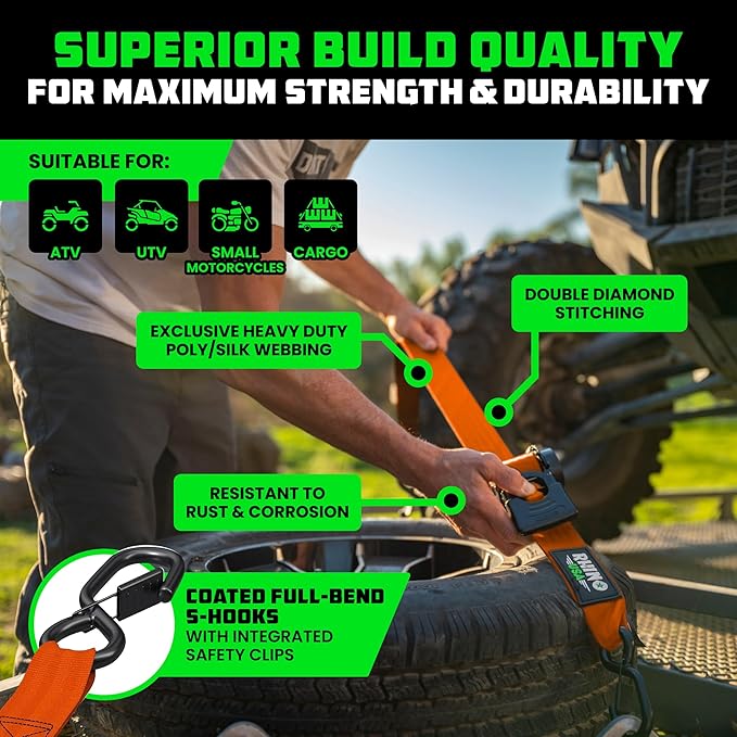 Rhino USA Retractable Ratchet Straps (4-Pack) - 2 Inch x 10 Feet (3,033lb Break Strength) - Heavy Duty Auto Self Retracting Tie Down Straps for Truck, Cargo Trailer, Motorcycle, Rad & More - Orange