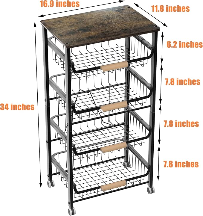 NiuYichee 5-Layer Fruit Basket Kitchen Food Organizer and Rack, Stackable Storage Cart with Desktop, Pull-Out Hollow Metal Ba