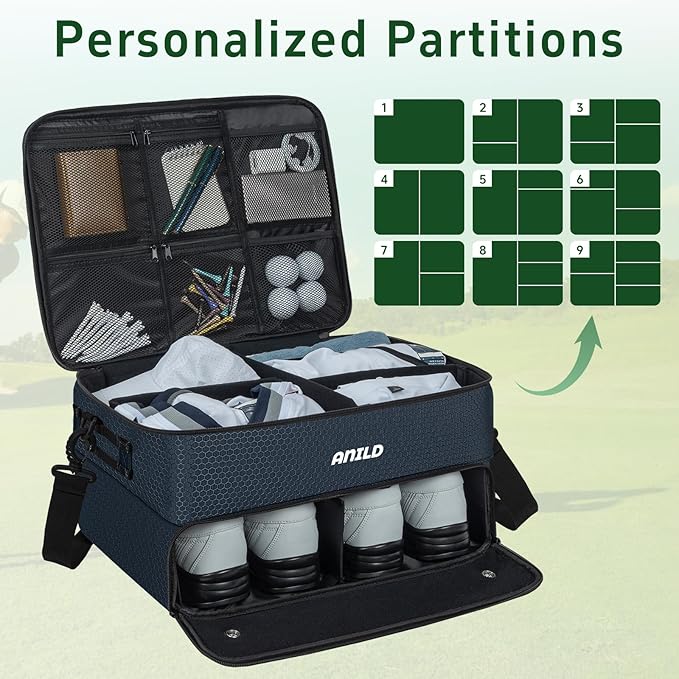 ANILD Golf Trunk Organizer, 2 Layer Golf Storage Case with Separate Ventilated Compartment for 2 Pair Shoes, for Balls, Tees,