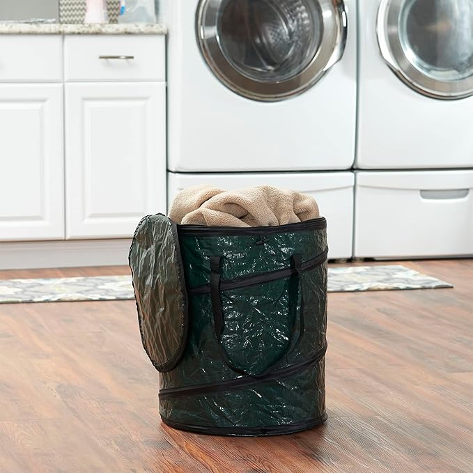 Household Essentials Pop Up Hamper, Pop Up Camping Trash Can, Great for Outdoor or Indoor Use, Portable and Collapsible with Zippered Top, Green