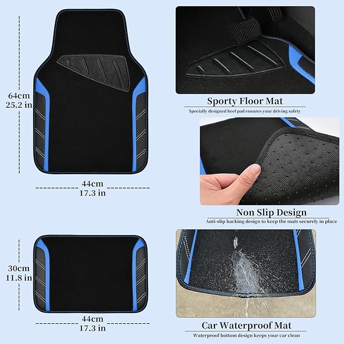 CAR PASS Leather Steering Wheel Cover and Waterproof Car Floor Mats,Microfiber Universal Car Combo Fit for 95% Sedan,SUV,Cars