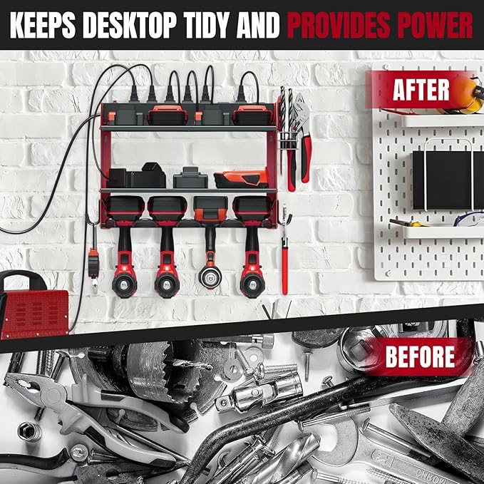 Modular Power Tool Organizer Wall Mount with Charging Station, 3-Layer Heavy Duty Drill Holder Rack & 8-Outlet Power Strip fo