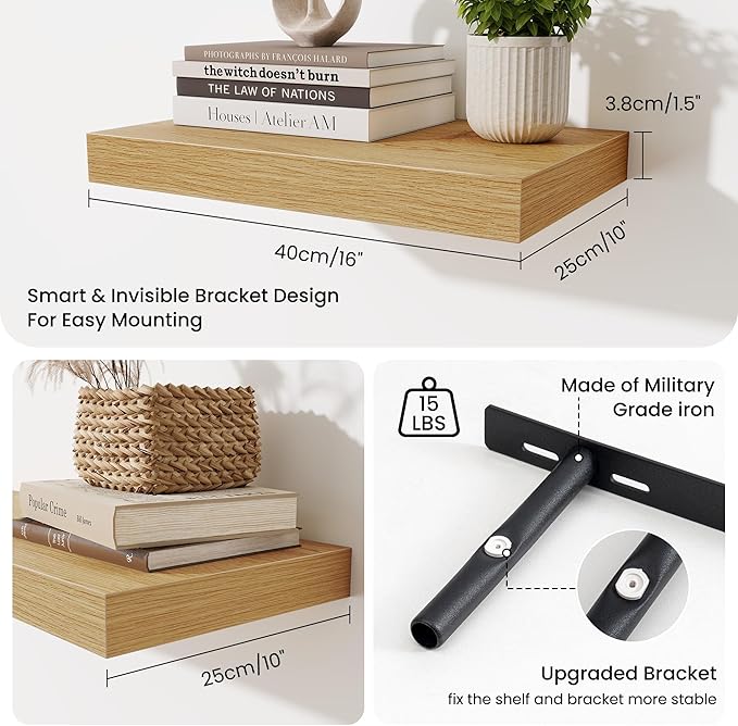 Fun Memories Floating Shelves for Wall - 10 x 16 Floating Shelf - Rustic Wood Storage Shelf - Wall Shelves with Invisible Bra