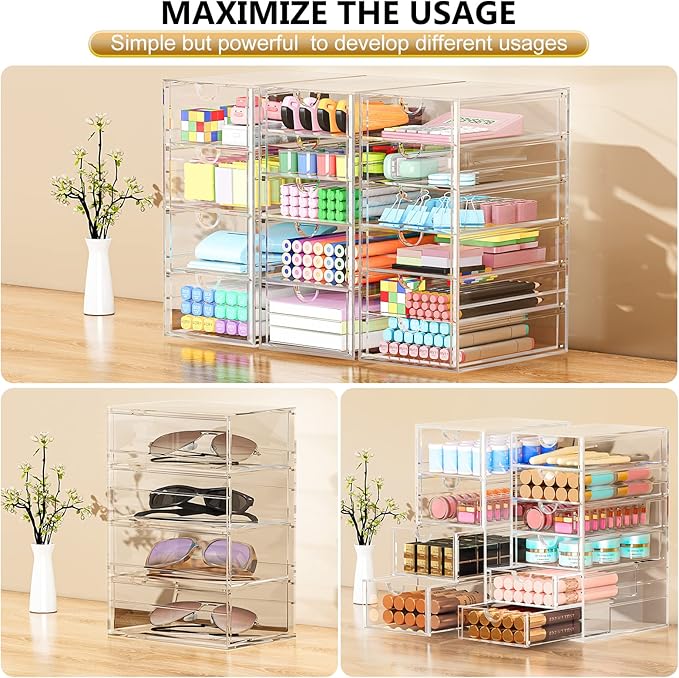 Acrylic 3 Pack Desk Organizers and Accessories, Makeup Organizer Storage With 15 Drawers, Desk Organizers, Dustproof Drawer O