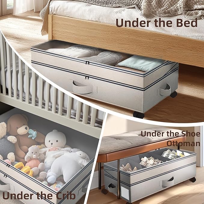 2 Pack Under Bed Storage with Wheels- Adjustable Underbed Rolling Storage Organizer Containers for Clothes and Shoe, 72L Larg