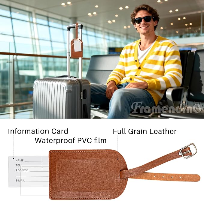 Framendino, 48 Sets Wedding Favors Luggage Tag PU Leather Travel Tags with Name ID Card for Bridal Shower Brown