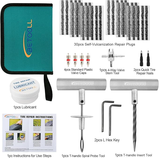 BETOOLL Tire Repair Kit, 44 Pcs Professional Heavy Duty Universal Emergency Flat Tire Repair Kit to Fix Punctures, for car Mo