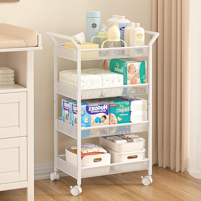 Baby Diaper Caddy Cart, 4-Tier Diaper Caddy Organizer and Storage, Rolling Utility Cart for Baby Supplies, Diaper Cart with W