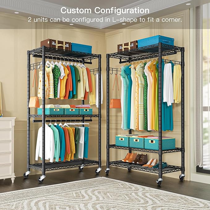 FUTASSI P1 Heavy Duty Garment Rack, 3 Tiers Adjustable Rolling Metal Closet Organizer with Lockable Wheels, FreeStanding Ward